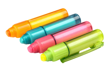 Four colorful highlighter pens arranged diagonally isolated on transparent background
