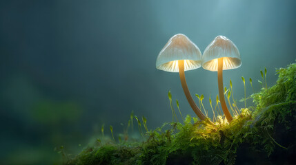 Fototapeta premium Glowing mushrooms in a mossy forest, bioluminescent mushrooms illuminating the dark forest with a soft glow