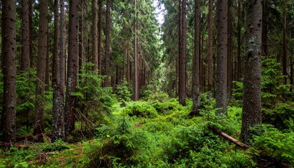 Obraz premium Forest with tall spruce trees and dense lower branches creating a dark, enclosed woodland atmosphere in summer