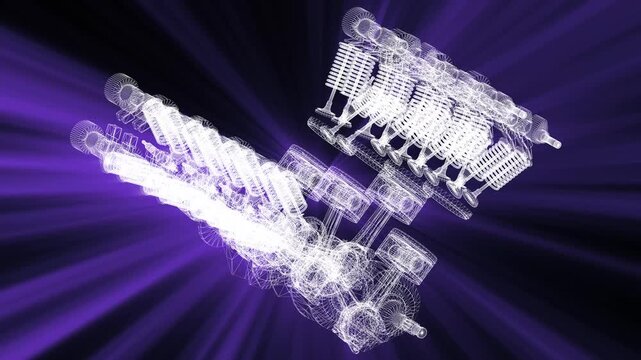 Mechanical Engine Wireframe, Technical Blueprint, 3D CAD Project, Industrial Machinery Design, Engineering Concept Animation