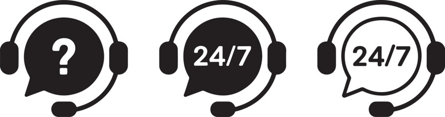 Customer support icons headset speech bubble 24/7 question mark service communication symbols