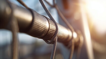 Close-up view of a metal fence with sunlight reflecting off its surface