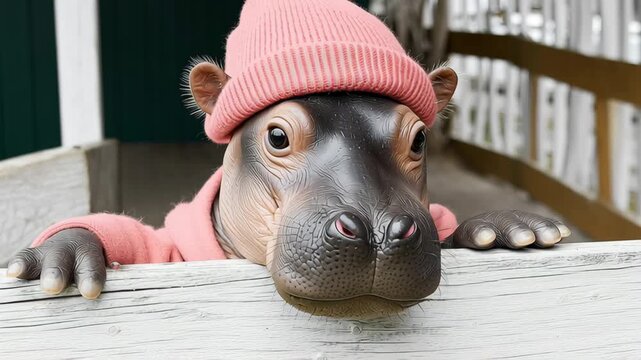 Playful young hippo wearing pink sweater and beanie leans over wooden fence, showcasing adorable expressions and engaging demeanor, camera follows with a smooth zoom in for enhanced detail