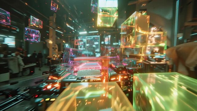 Futuristic Factory Holographic Displays, Advanced Technology, Innovation