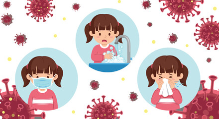 Child wearing mask, washing hands, sneezing, virus prevention concept, hygiene awareness, COVID safety illustration, health education, disease protection, clean habits, pandemic awareness