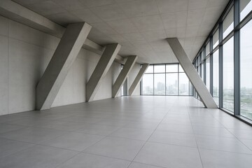 Modern minimalistic concrete interior with diagonal structural beams and panoramic windows, futuristic architectural design concept in daylight. Ai generative