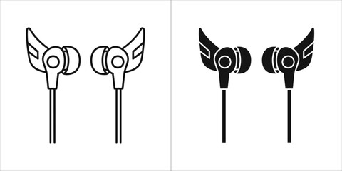 Two icons of winged earphones, one outlined and one solid black
