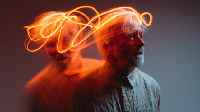 Portrait of an elderly man surrounded by dynamic, swirling orange light trails, creating an abstract and contemplative mood.
