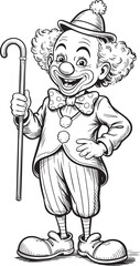 Vintage clown character holding a cane full body sketch with hat and bowtie
