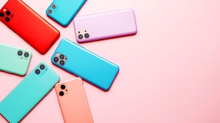 Vibrant Flat Lay of Colorful Smartphone Cases on Pink Background