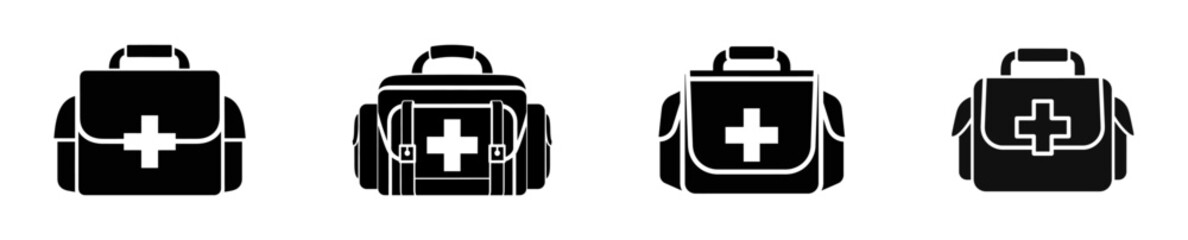 Set of four black first aid kit icons with white cross symbols, isolated on a white background, showing different bag designs.