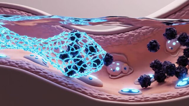 Stylized animation of a riverbed releasing a blue sIgA net to catch and flush away dark, jagged pathogen particles, restoring a clean flow.