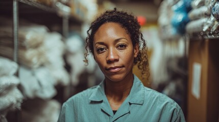 Fototapeta premium Image of a woman working in a dry cleaning storage area with neatly folded laundry prepared for delivery in the background
