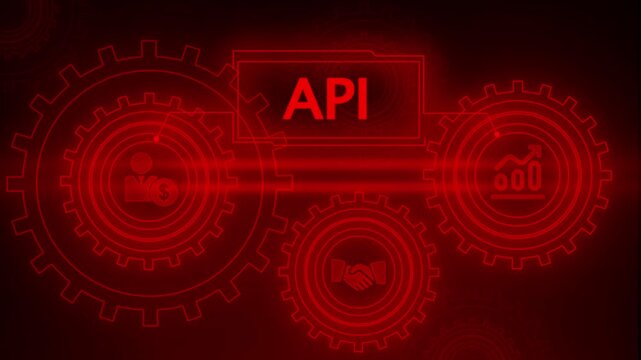 Red Neon API Concept with Interconnected Gears and Business Icons on Dark Background application programming interface
