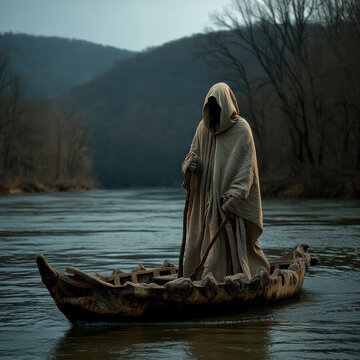 Hyper-realistic animation of a solemn ferryman in a cloak guiding a boat across calm dark water