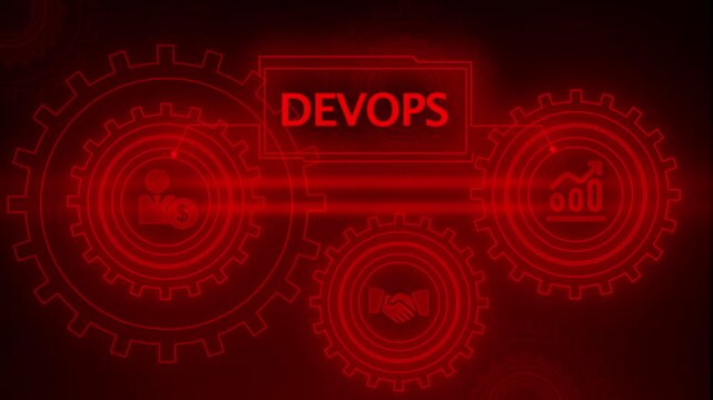 Red Neon Dev Ops Concept with Interconnected Gears and Business Icons on Dark Background DevOps development operations