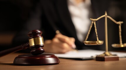Legal representation and justice theme Female attorney in office with scale Woman using gavel Legal proceedings Business lawyer notarizing document secretary ensuring legitimacy
