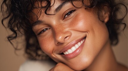 Close up image of a stunning young biracial woman with radiant skin and a bright smile Hispanic woman with perfect skin post facial gazing at the camera