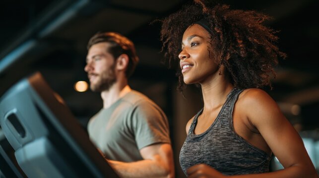 Image of a young Black woman and white male coach working out on a treadmill in a gym promoting fitness and cardiovascular health