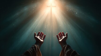 Jesus Christ extending open arms in front of a glowing cross symbolizing Christianity faith and spirituality