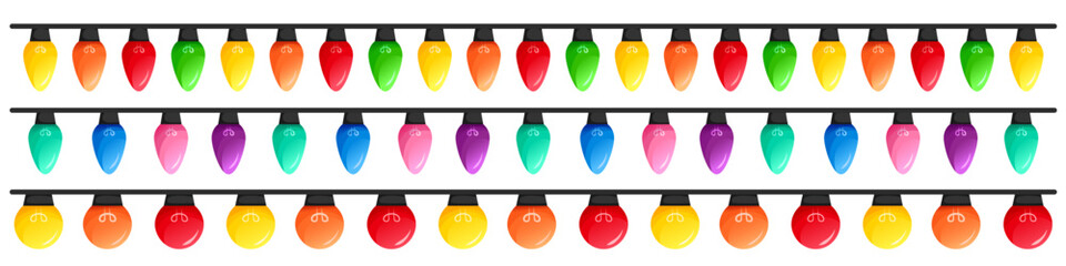 Vector image of Christmas lights. Festive decor and decoration made of colorful Christmas lights. Graphic element for your designs, Christmas cards, websites, banners, and posters.