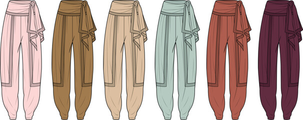 Set of women's draped harem pants in multiple colorways, a technical fashion flat sketch template for apparel design and clothing manufacturing