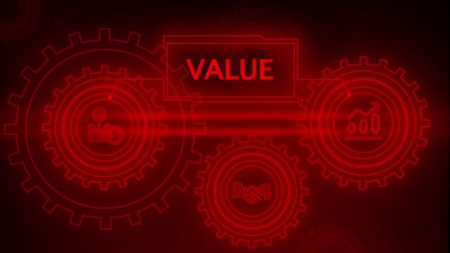 Red Neon Glow Gears and Business Icons Depicting Value Creation and Financial Worth finance cogwheels
