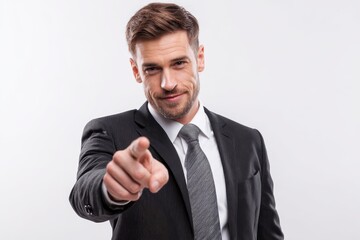 Stylish self assured corporate lawyer in a black suit pointing at himself in a white studio