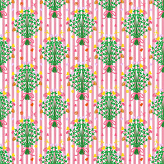 Seamless pattern of colorful flower bouquet on striped background, with love and ribbon ornaments, used for packaging design, wrapping paper, or fabric