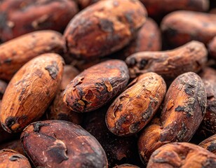 Macro close up cocoa beans showing natural organic food texture and detail