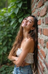 Fototapeta premium Young woman smiles broadly with eyes closed leaning against brick wall. Long brown hair frames her face. She wears a polka dot crop top and denim shorts.