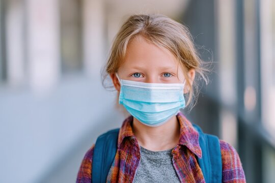 Student in a mask returns to school post COVID lockdown adapting to new normal