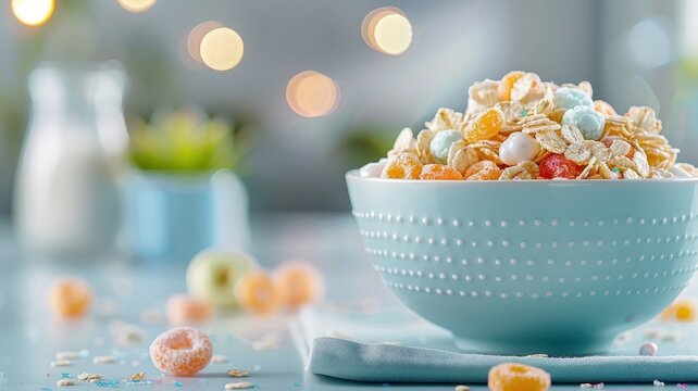 A vibrant bowl of cornflakes with colorful fruit loops and milk, bathed in sunlight.