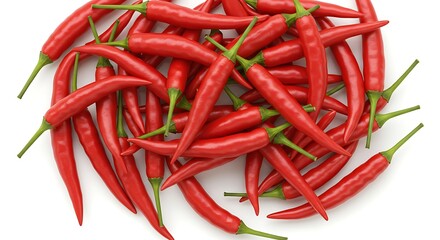 A vibrant pile of red chili peppers, arranged on a white backdrop