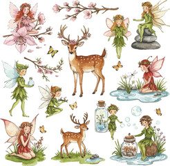 Naklejka premium Watercolor forest scene with fairies and deers