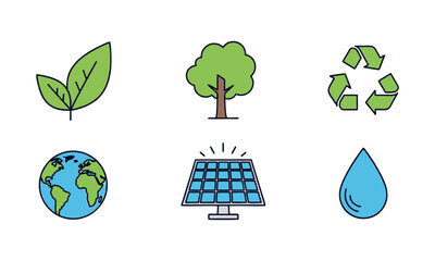 Renewable Energy and Eco Environment Line Icons – Solar, Tree and Sustainability Vector Set