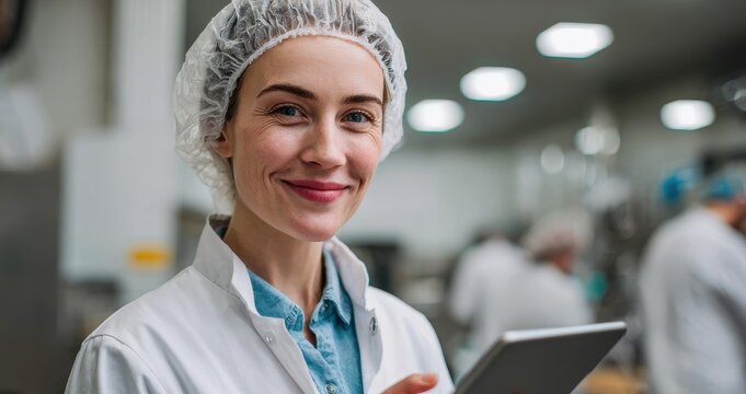 A woman inspecting a food factory smiles at the camera while using a tablet