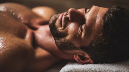 Naklejka premium Attractive man relaxing in a spa with a deep tissue back massage