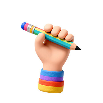 3D Rendered Skin-Toned Hand (Rainbow Cuff) Holding Colorful Striped Pencil &ndash; For Writing, Study & Creative Design Visual Concept