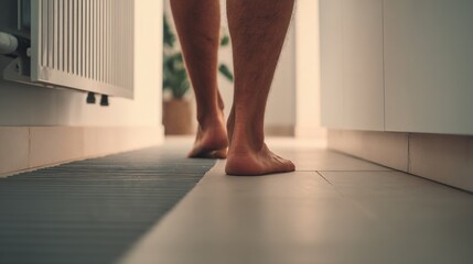 Barefoot man indoors close up Heated floor idea