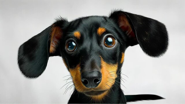 Charming black and tan dog with expressive eyes and floppy ears, captured in a series of close-up frames, showcasing its playful demeanor and engaging personality, camera zooms in gradually