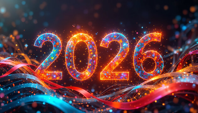 Abstract AI-style digital painting of colorful data streams forming festive shapes — stars, ribbons, and ‘2026’
