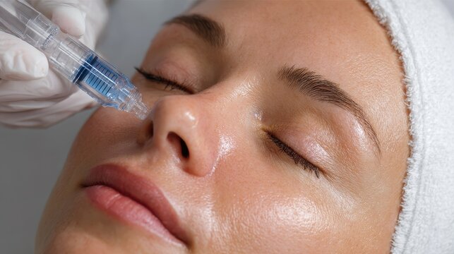 Beautiful woman s face during jet peeling facial treatment