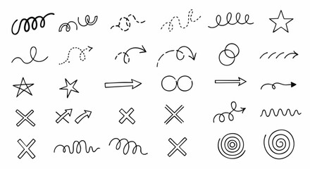 Hand drawn doodle arrows lines stars X marks collection vector illustration flat design simple sketch spirals elements graphics symbol handmade