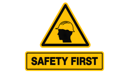 A safety sign with a yellow triangle and a black silhouette of a person wearing a hard hat below it