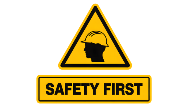A safety sign with a yellow triangle and a black silhouette of a person wearing a hard hat below it