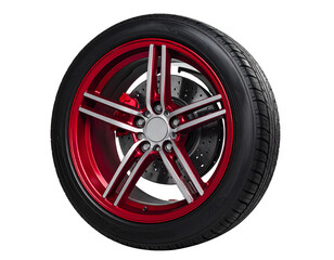 Obraz premium High-Performance Car Tire with Red Alloy Rim and Disc Brake, Front-Angled View, Isolated on Transparent Background