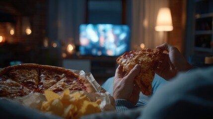 Close up of a man munching snacks on the couch at night Unhealthy behavior