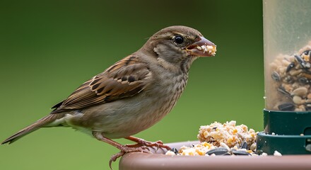 Fototapeta premium A sparrow enjoys a meal, beak full, perched near a feeder, green background