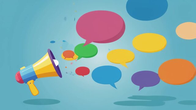 Animated megaphone broadcasting colorful speech bubbles for marketing communication promotion on a light blue backdrop